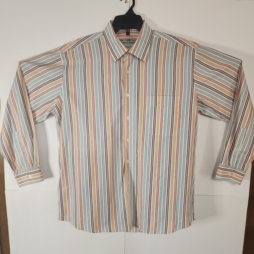 Alan Flusser Mens Striped Button‎ Down Long Sleeve Dress Shirt Size L